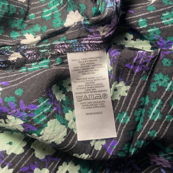 Loft Floral Purple Aqua Black Balloon Sleeve Smocked Womens M Blouse Office EUC - Picture 4 of 7